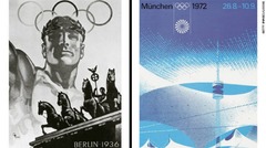 １９３６年（ベルリン）と７２年（ミュンヘン）の五輪ポスター。ドイツの政治的変化を反映している