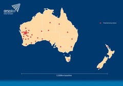 ＳＫＡの建設予定地として名前が挙がるオーストラリアとニュージーランド。アンテナをオーストラリア西部に密集させ、東側はニュージーランドにも配置する　(C) CISRO