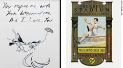 トレイシー・エミンさんの作品（左）。右は１９０８年ロンドン五輪のポスター