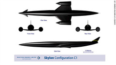 スカイロンの完成予想図。全長９０メートルで、空気を取り込むハイブリッド・ロケットエンジンを２発搭載　写真提供＝REACTION ENGINES LTD