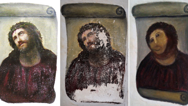 スペイン人画家エリアス・ガルシア・マルティネスが教会の柱に描いた絵画のオリジナル（左）、「修復」前（中央）、「修復」後。スペイン・ボルハ教育センターが画像を公開した