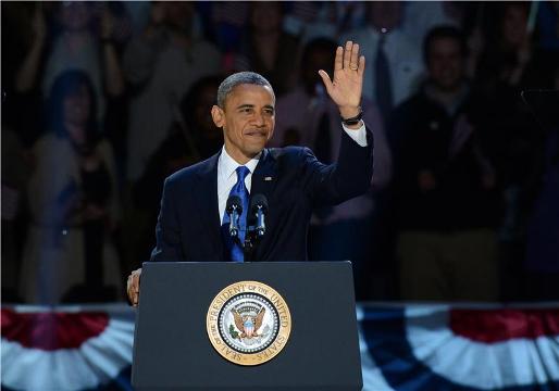 シカゴで勝利宣言するオバマ大統領