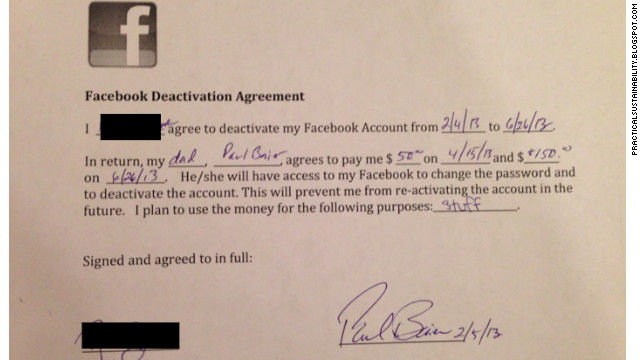 ポール・ベイールさんが娘と交わした「フェイスブック利用中止契約書」の画像＝PRACTICALSUSTAINABILITY.BLOGSPOT.COM