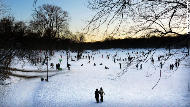 雪が降り積もったニューヨーク市の公園。猛吹雪の影響も収まりつつある