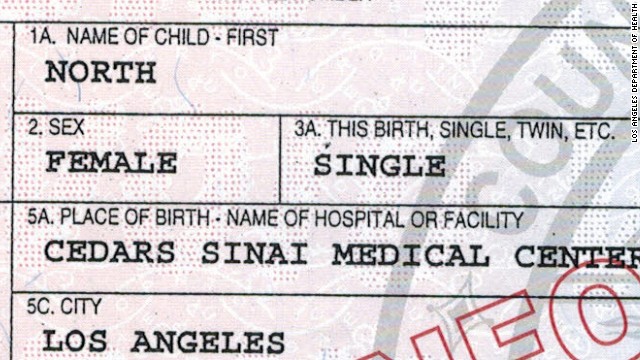 出生証明書の名前欄には「ＮＯＲＴＨ（ノース）」の文字＝カリフォルニア州当局から