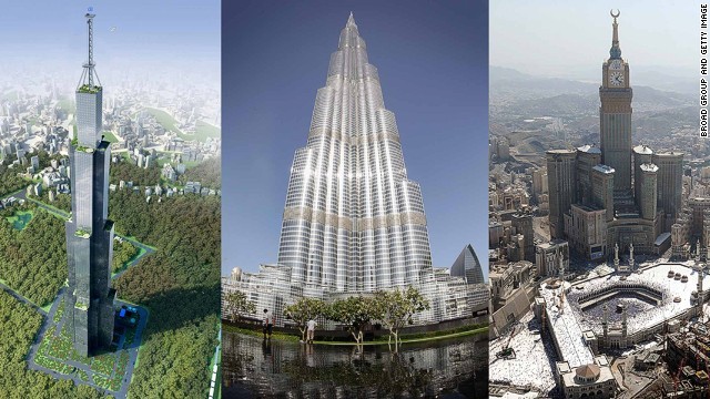 「天空都市」（左）「ブルジュ・ハリファ」（中央）などの高層ビル。天空都市に建設許可は下りていないという