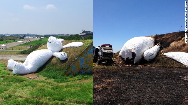 火災で損傷した巨大ウサギのビフォー（左）アフター
