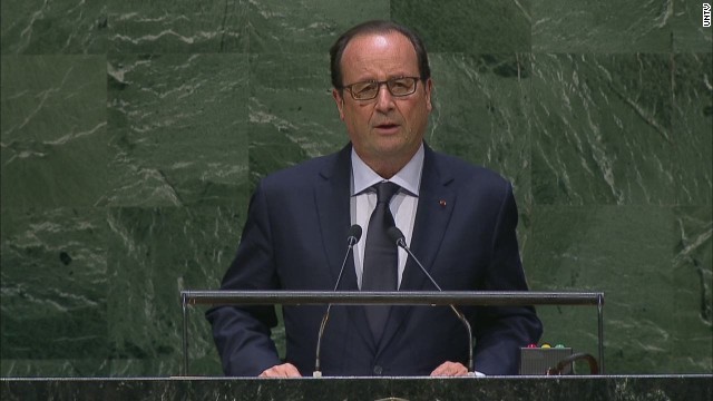 国連演説で仏男性殺害を厳しく非難するオランド仏大統領＝UNTV提供