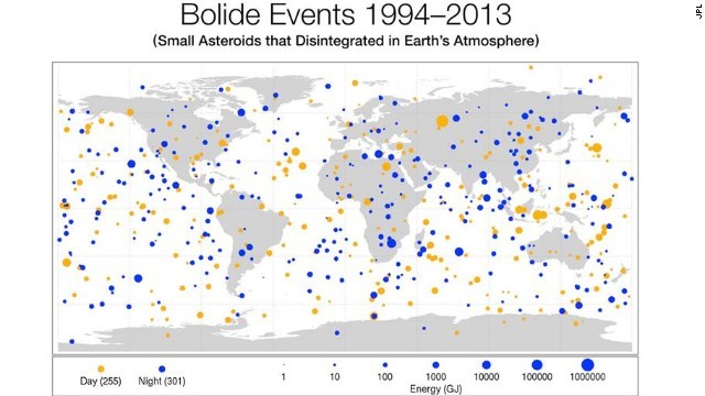 ＮＡＳＡが過去２０年間の火球現象の分布図を作成＝JPL提供