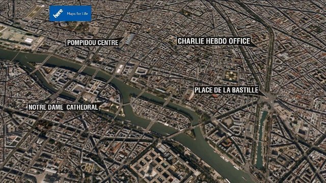 パリ市内の新聞社が襲撃され１２人が死亡＝HERE Map提供