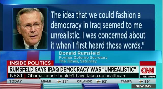 ラムズフェルド氏はイラクに民主主義を育てる考えが「非現実的に思えた」と発言