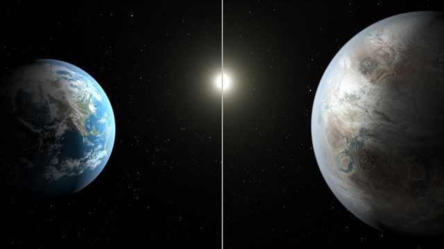 地球と大きさの近い惑星（右、イメージ図）が生命居住可能圏に見つかった＝NASA/JPL-Caltech/T. Pyle