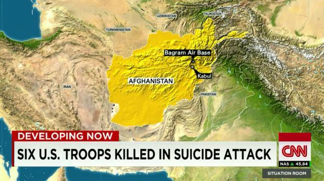 アフガン東部のバグラムにある米軍基地近くで自爆テロが発生。米兵６人が死亡した