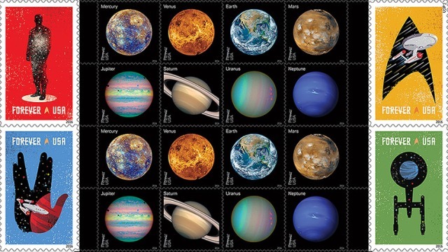 スタートレックや惑星の切手。このほか冥王星やその観測衛星の切手もある
