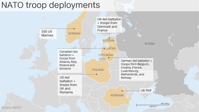 多国籍部隊の各国への配備により、ロシアを牽制（けんせい）