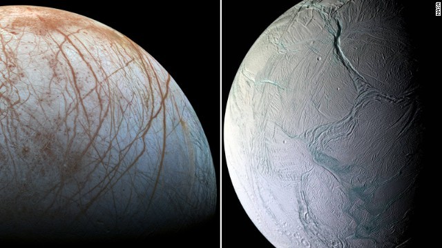 生命存在の可能性が高まる木星の衛星エウロパ（左）と土星の衛星エンケラドス＝NASA