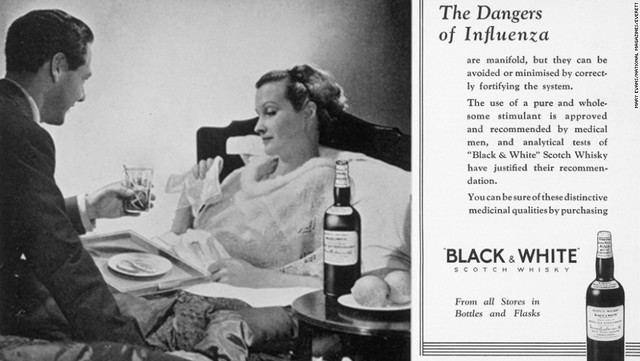 家庭での療養に確かな効果が見込めるとするウイスキーの広告。のどの痛みを和らげ、殺菌作用もあるとして長く飲まれてきた