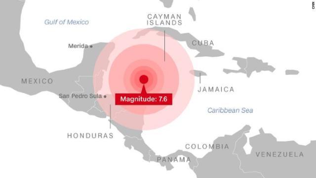 ホンジュラス沖のカリブ海でＭ７．６の地震が発生し津波の恐れも出ている