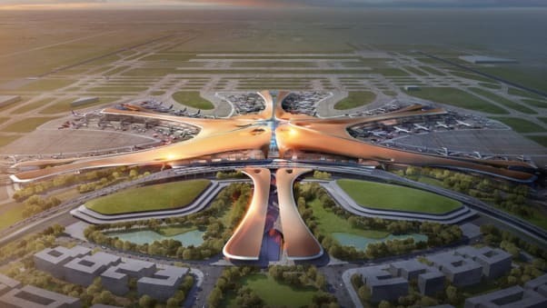 上空から眺めた北京大興国際空港のイメージ図/ Credit: Methanolia / Zaha Hadid Architects