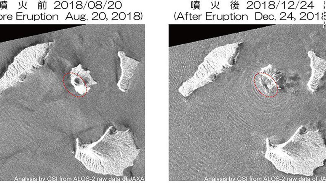 クラカタウ火山の津波発生前と後を比較する衛星写真/Japanese space agency