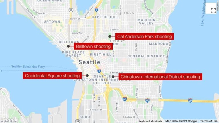 米北西部ワシントン州シアトルで、３時間のうちに４件の銃撃事件が発生して、８人が死傷した/Google Maps