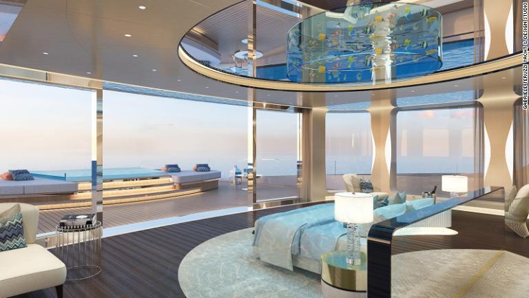 オーナー専用の豪華なスイートの目玉は、間違いなくベッドの上の天井に設置された水槽だろう/Gabriele Teruzzi Yacht & Design Studio