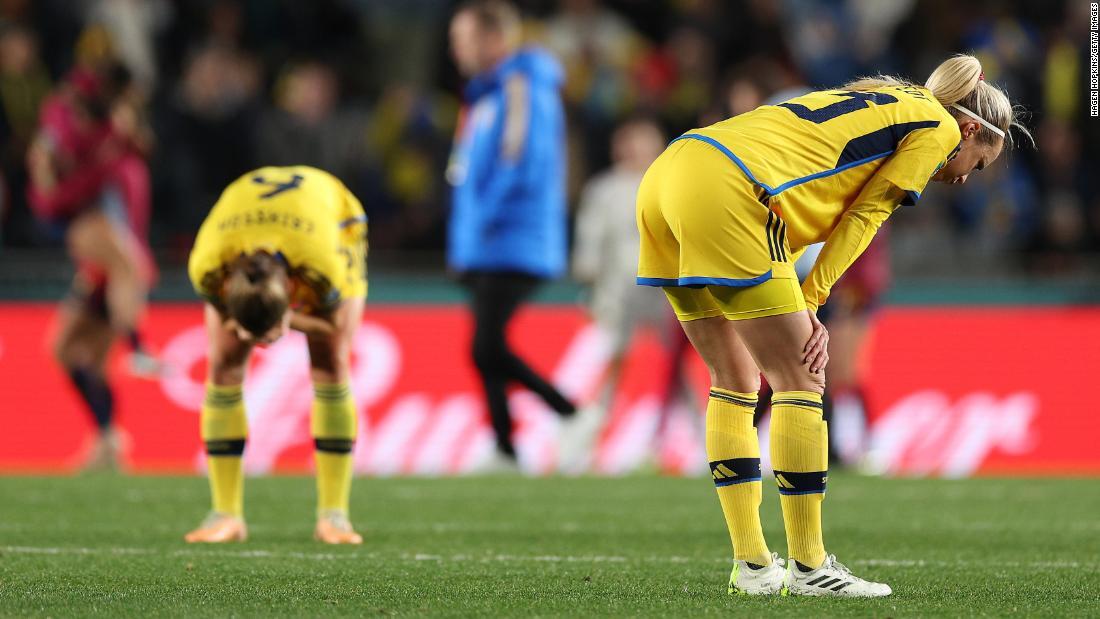 試合に負けて落胆するスウェーデンの選手/Hagen Hopkins/Getty Images