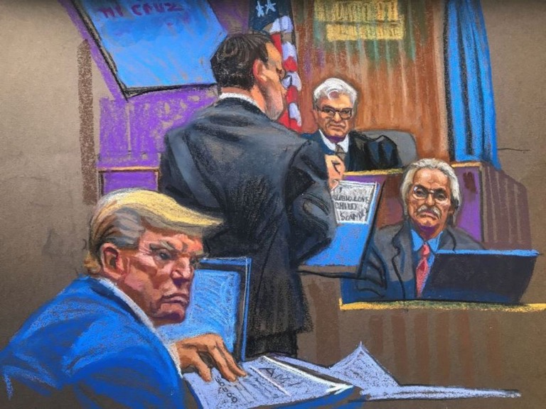 不倫口止め料支払いに関する裁判の様子を描いた法廷画/Christine Cornell/CNN