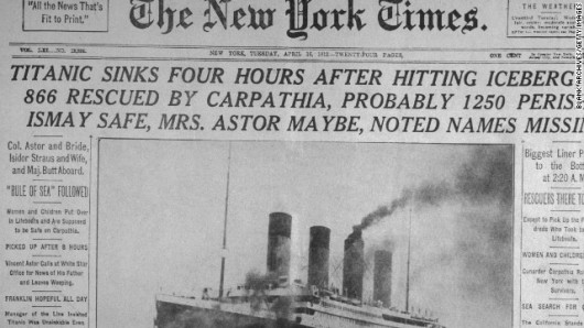 １９１２年４月１６日、米ニューヨーク・タイムズ紙は第１面でタイタニック号沈没を報じた