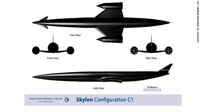 スカイロンの完成予想図。全長90メートルで、空気を取り込むハイブリッド・ロケットエンジンを2発搭載 写真提供=REACTION ENGINES LTD