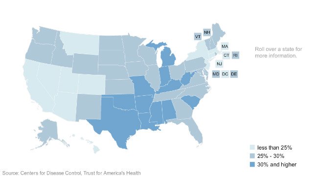 色が濃い州ほど肥満率が高く、南部の州に多い傾向にある＝CDC/Trust for America's Health提供