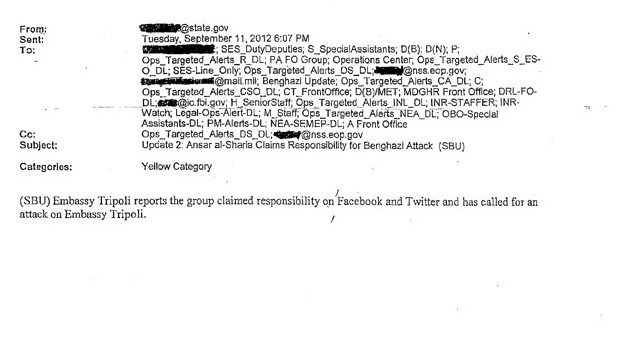 ＣＮＮが入手した電子メール。国務省職員から関係機関宛てにアンサール・シャリアが犯行声明を出したと報告