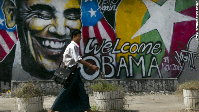 壁の落書きもオバマ米大統領の訪問を歓迎＝ミャンマー・ヤンゴン