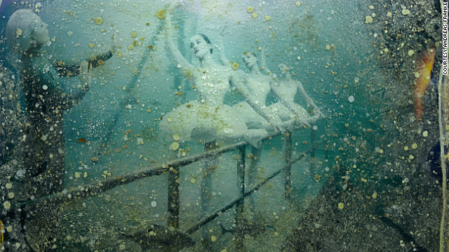 海水が作りだした作品:メキシコ湾の海底で展示されていた4カ月の間に塩の染みや藻などで変色した写真