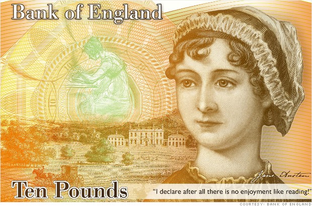 新１０ポンド紙幣に作家ジェーン・オースティンの肖像が印刷される＝イングランド銀行提供