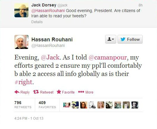 ツイッターのドーシー会長とイランのロハニ大統領がツイッターを介して会話＝Hassan Rouhani/Twitterから