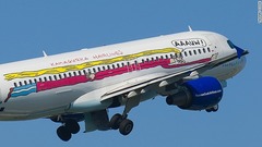 カマグルカ・ヘアラインズ（ベルギー・トーマスクック航空）　創立５周年記念にベルギーのコメディアン、カマグルカとタイアップしてデザインを刷新。長い髪が特徴のデザインのため、エアラインズをもじって「ヘアラインズ」とした