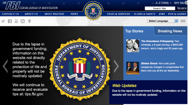 ＦＢＩのサイトも政府機関の閉鎖に伴う影響を告知