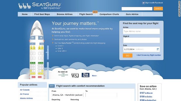 Ｓｅａｔｇｕｒｕ．ｃｏｍ　乗る予定の飛行機の座席の広さや、位置による違いなどについての情報が得られる