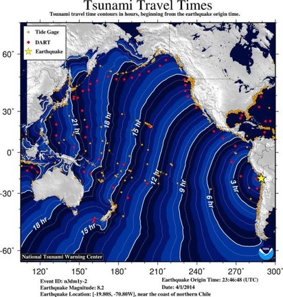米海洋大気局（ＮＯＡＡ）が発表した地震発生後津波が到達する場合の時間