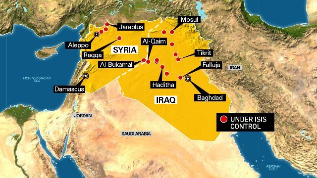 先週の時点でＩＳＩＳが占拠したと主張していた地点。こうした地域を含む、イスラム国家の樹立が宣言された