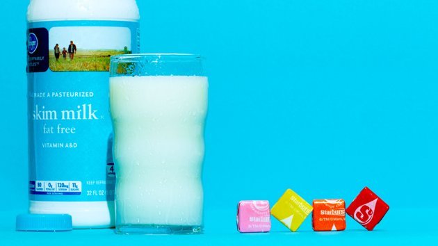脱脂乳の場合：脱脂乳をコップ１杯（２４０ミリリットル）飲むと、１１グラムの砂糖を摂取することになる。小さなスターバースト・キャンデー（１個あたりの砂糖含有量２．７グラム）に換算すると４個分だ(C)Mark Hill/CNN