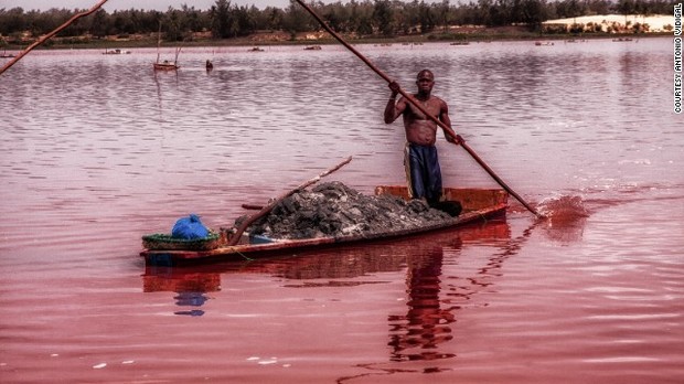 レトバ湖の塩分濃度は死海のそれに匹敵する。水がイチゴのようなピンク色をしているのは、日光とドナリエラ・サリナと呼ばれる緑藻の影響だ