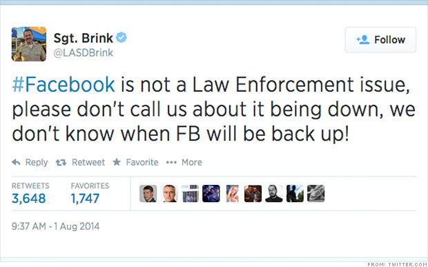 フェイスブックにつながらないとの通報が殺到したことを受けロサンゼルス保安局が苦言＝TWITTER.COMから
