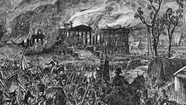 １８１２年戦争でホワイトハウスに火がつけられる様子を描いた図＝米議会図書館提供
