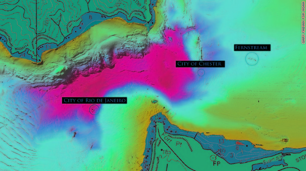 米海洋大気局（ＮＯＡＡ）は、シティ・オブ・リオデジャネイロ号が沈んでいる深さ約８７メートルの海底を３Ｄ音波探知機で調べ、沈没地点の３Ｄ地図を作成