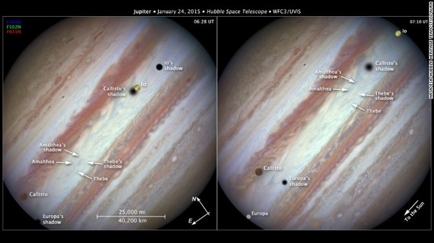 ＮＡＳＡのハッブル宇宙望遠鏡が木星の前を３つの衛星が同時に通過し、木星の表面に３つの影ができる珍しい現象をとらえた