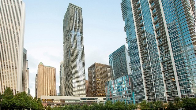 ３．アクアタワー（シカゴ）
女性建築家ジーン・ギャング氏が設計したタワービル（写真中央）。波を打っているような外観が特徴＝AQUA AT LAKESHORE EAST
