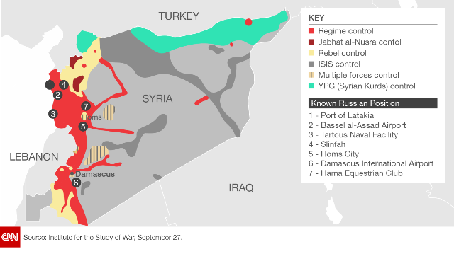 ロシアは地中海沿岸を中心にシリア国内の７カ所に拠点を設置