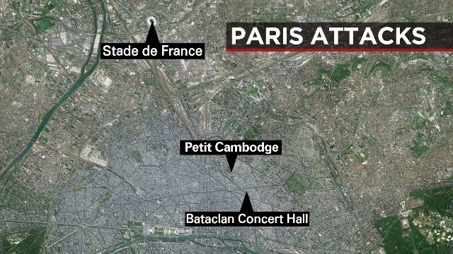パリのホールやスタジアムなど６カ所で銃撃や爆発が発生＝Google Maps